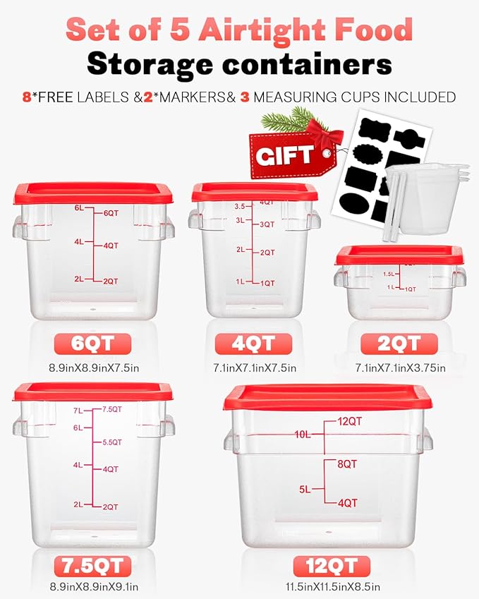 8QT NSF Food Storage Containers: 8 PCS[Food Grade][Hot&Cold Resistant] Clear Food Storage Containers with Scales Handles for Home Restaurant Kitchen Storage Pizza Proof Dough, BPA Free (N6)