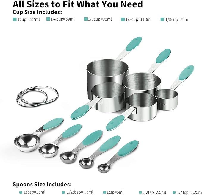 U-Taste 18/8 Stainless Steel Measuring Cups and Spoons Set and 18/0 Stainless Steel Offset Icing Spatula Set (Aqua Sky)