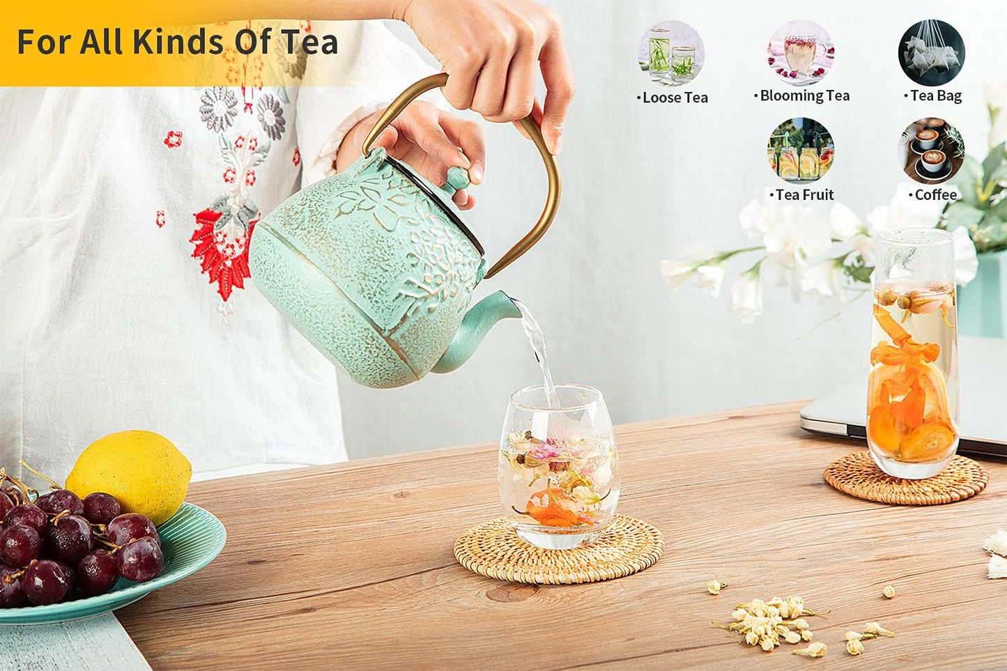 Toptier Tea Kettle for Stove Top, Cast Iron Teapot Stovetop Safe with Infusers for Loose Tea, 54 oz, Light Green
