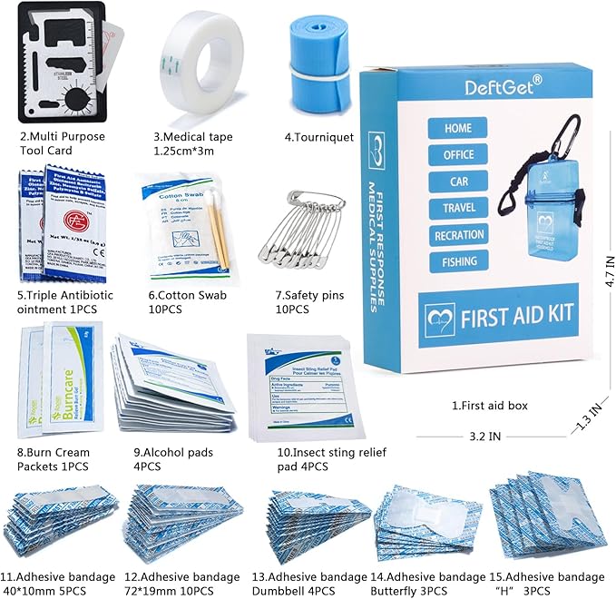 DEFTGET Waterproof First Aid Kit Travel Essentials HSA/FSA Eligible Small Emergency Survival Kits Mini Durable Lightweight for Minor Injuries Camping Hiking Backpacking (Aqua-Blue)