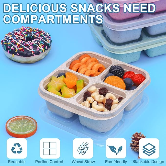 LCHLZZ 4 Compartment Snack Containers with Lids, 4 Pack Reusable Bento Box Adults, Divided Meal Prep Lunch Containers, Microwave & Dishwasher Safe, Food Storage for Work Travel Picnic, Pink
