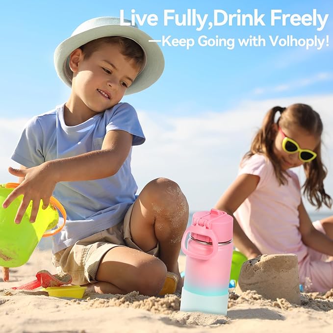 Volhoply 14oz KIds Water Bottle with Straw Lid and Silicone Boot Bulk 6 Pack,Stainless Steel Insulated Cups for Boys & Girls Multipack,Double Wall Vacuum Leakproof Bottles(Pink Green,6)