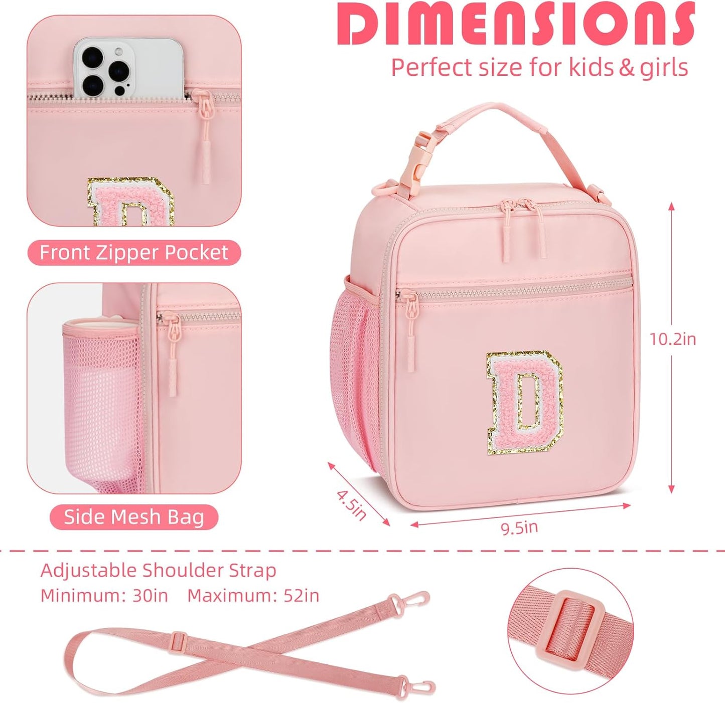 Initial Insulated Lunch Bag for Girls Kids, Back to School Gift, Reusable Leak-proof Lunch Box with Adjustable Strap for School Daycare Travel Picnic (Pink,D)