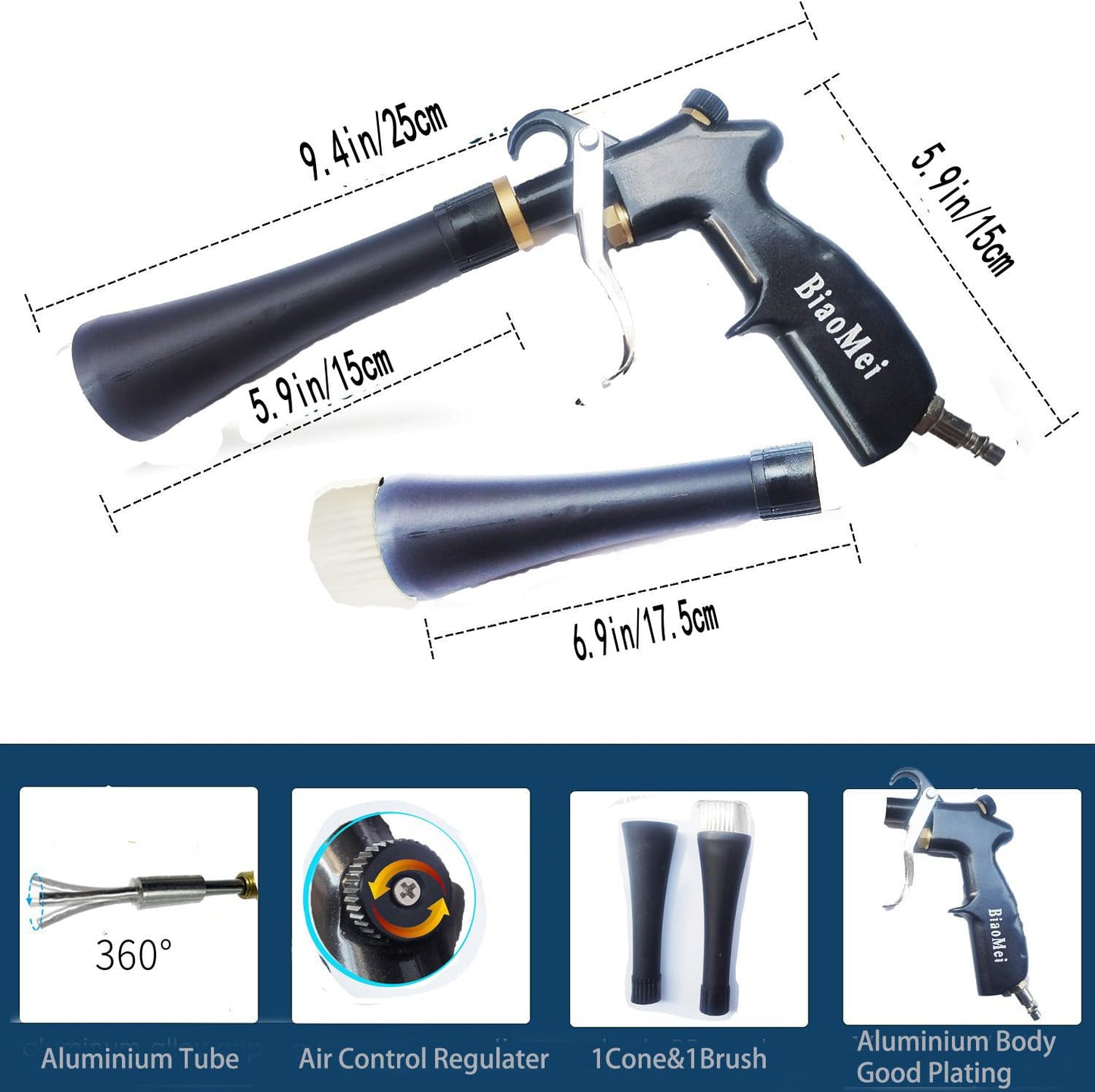 DOZIME High Pressure Car Interior Cleaning Gun Automobile Detailing Washing Gun with Brush-Works with Air Compressor(Aluminium Rotate Tube),Z-014 with Air Regulator Control