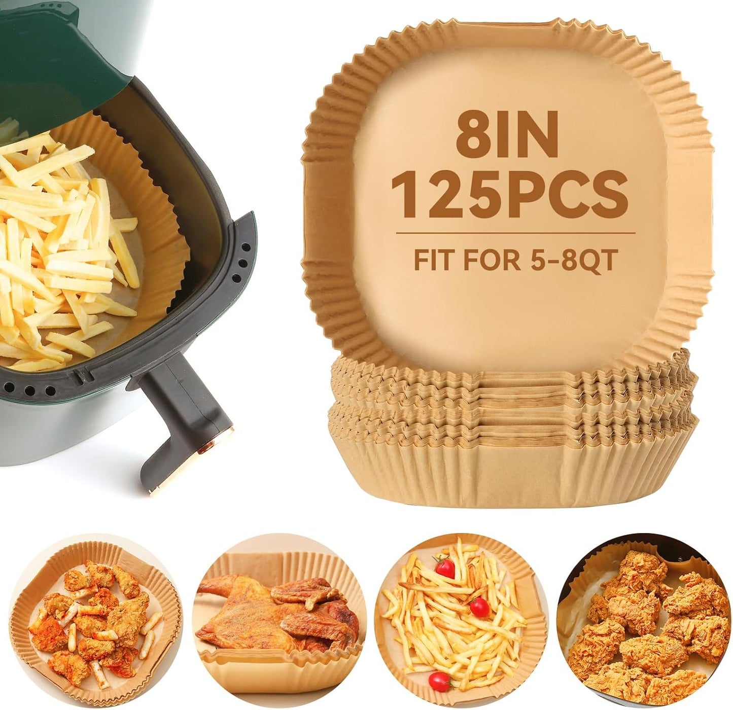125Pcs 8 inch Square Disposable Air Fryer Parchment Liners-Non-Stick Parchment Sheets for Air Fryer Basket Microwave – Oil-proof, Water-proof, Effortless Cleanup for Baking