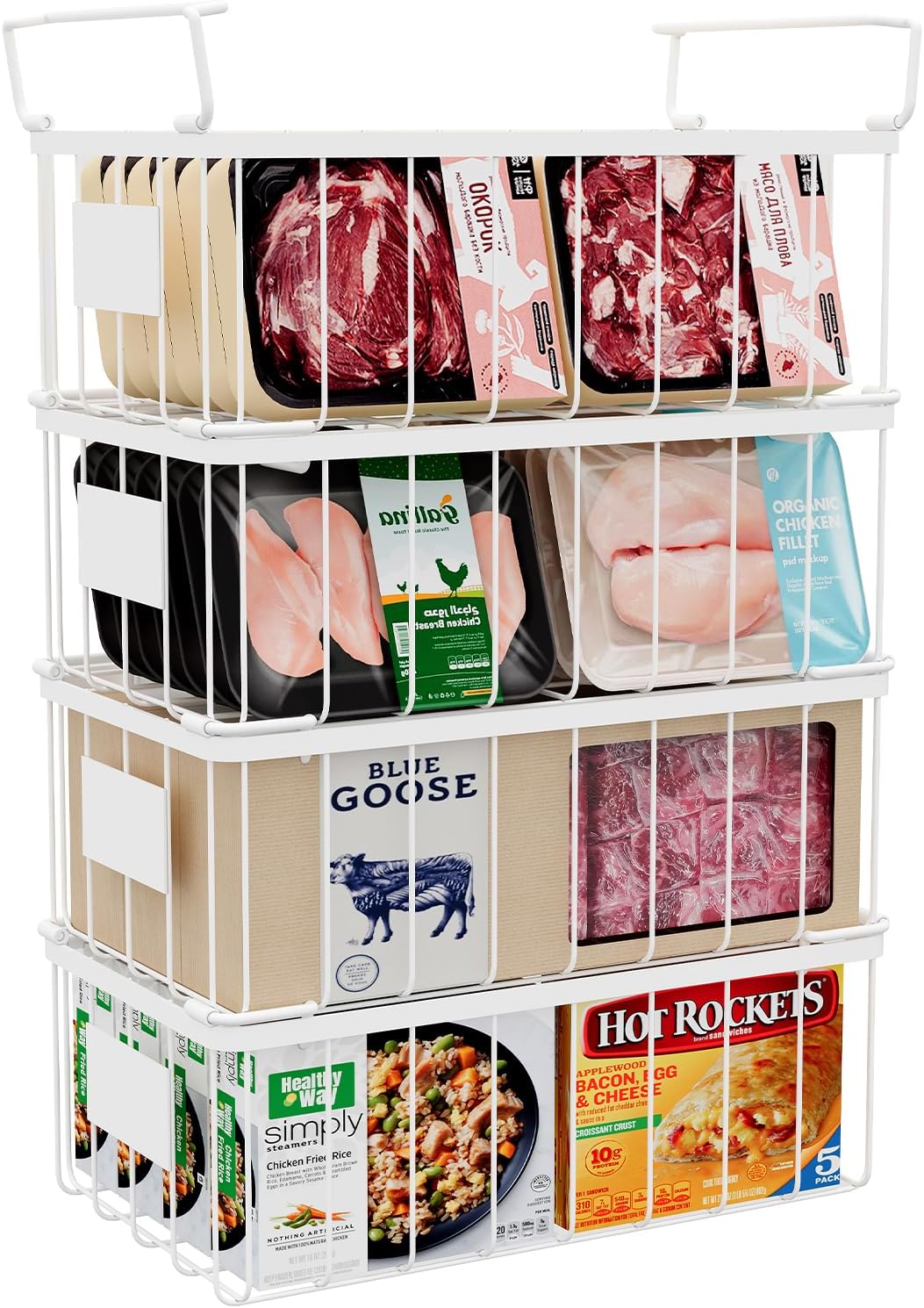 Freezer Storage Organize Baskets - 4 Pack Stackable Deep Freezer Organizer Bins for Most 7 Cu.FT Chest Freezer with Handles, Sturdy but Light, Metal Coated, Add Space, Easy to Reach