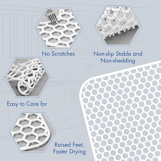 Bestjing 2 Pack Silicone Sink Protectors for Kitchen Sink with Rear Drain, 13.58''x 11.6'' Non-Slip Heat Resistant Mat Grid for Bottom of Stainless Steel Porcelain, Dishwasher Safe (White)