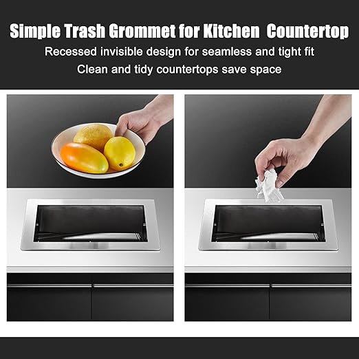 Embedded Countertop Trash Can, Stainless Steel Kitchen Trash Can, Built-in Countertop Trash and Waste Chute, Square Built-in Countertop Trash Can Grommet,Silver Trash can Grommet
