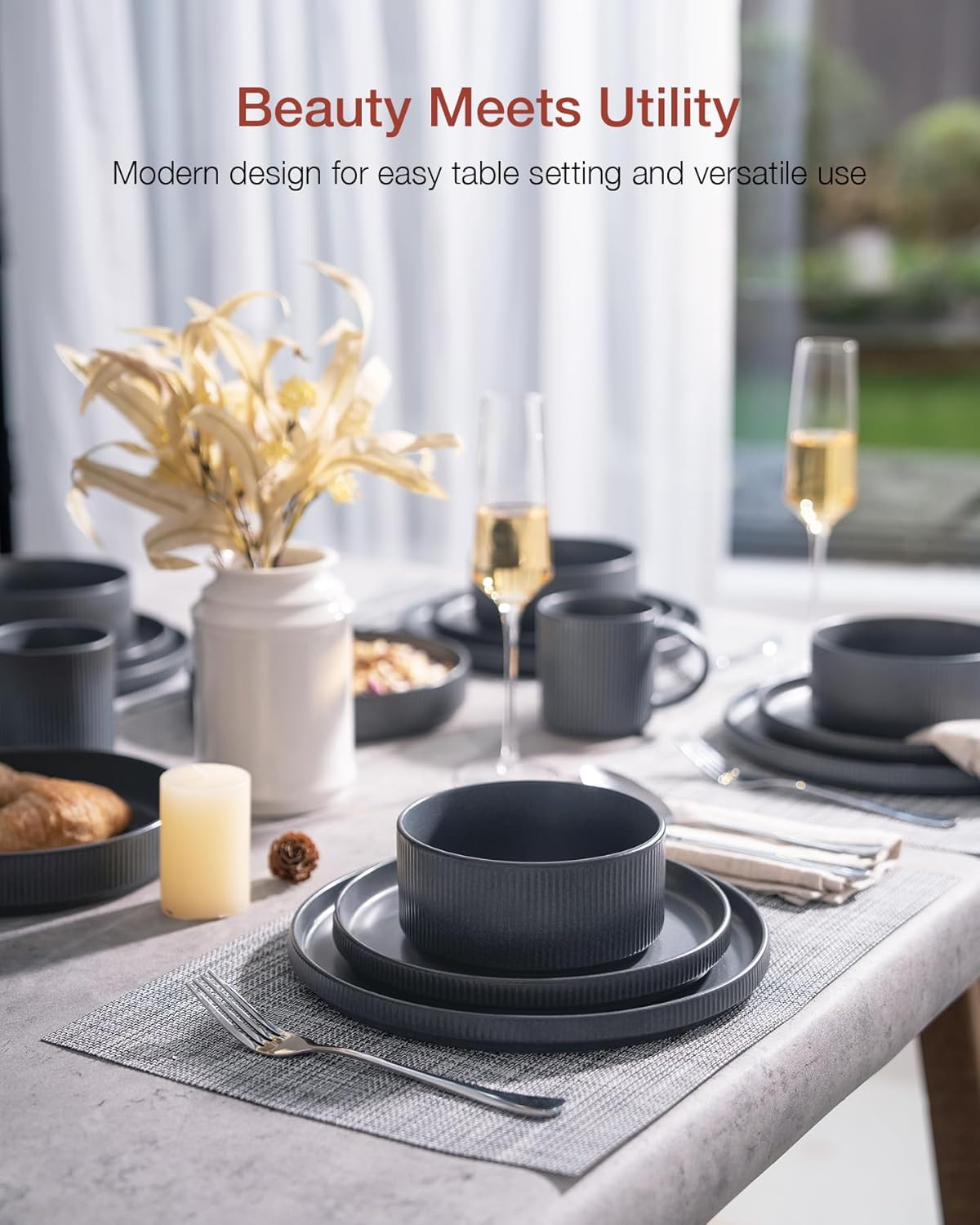Famiware Star Plates and Bowls Sets, Modern Stoneware Dinnerware Sets for 8, 24-Piece Kitchen Dish Set - Microwave and Dishwasher Safe, Chip and Scratch Resistant, Matte Dark Charcoal
