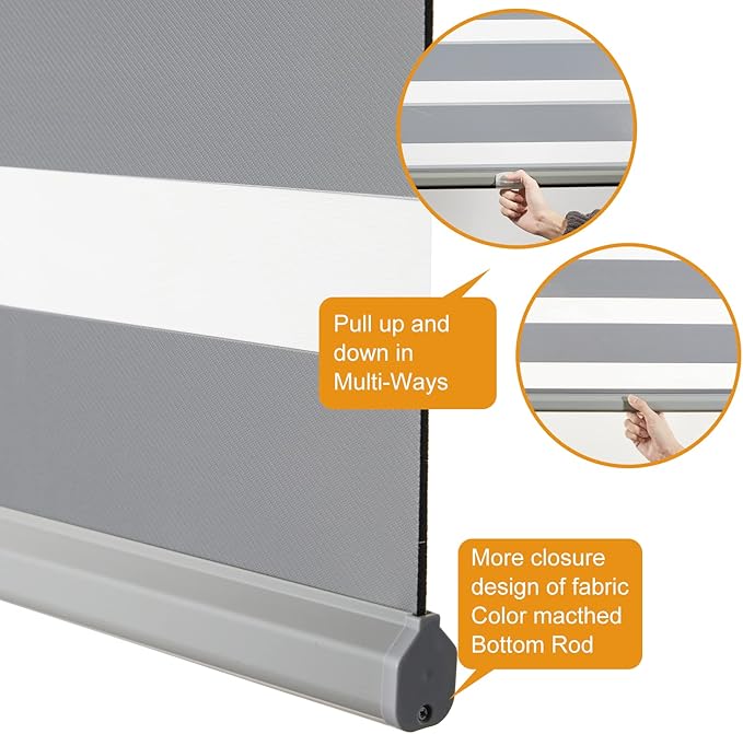Persilux Cordless Zebra Blinds for Windows Free-Stop Window Blinds (35" W X 47" H, Grey) Dual Layer Light Control for Day and Night, Light Filtering Sheer Shades for Home, Easy to Install