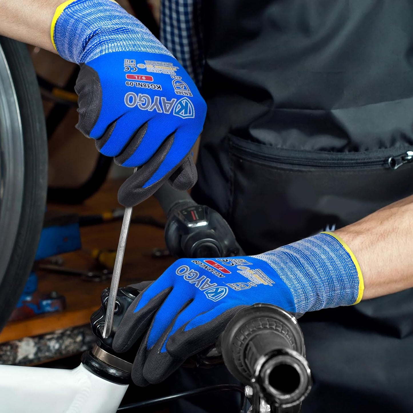 KAYGO Safety Work Gloves MicroFoam Nitrile Coated, 3 Pairs, KG18NB,Seamless Knit Nylon Glove with Black Micro-Foam Nitrile Grip,Ideal for General Purpose,Automotive,Home Improvement,Blue,M