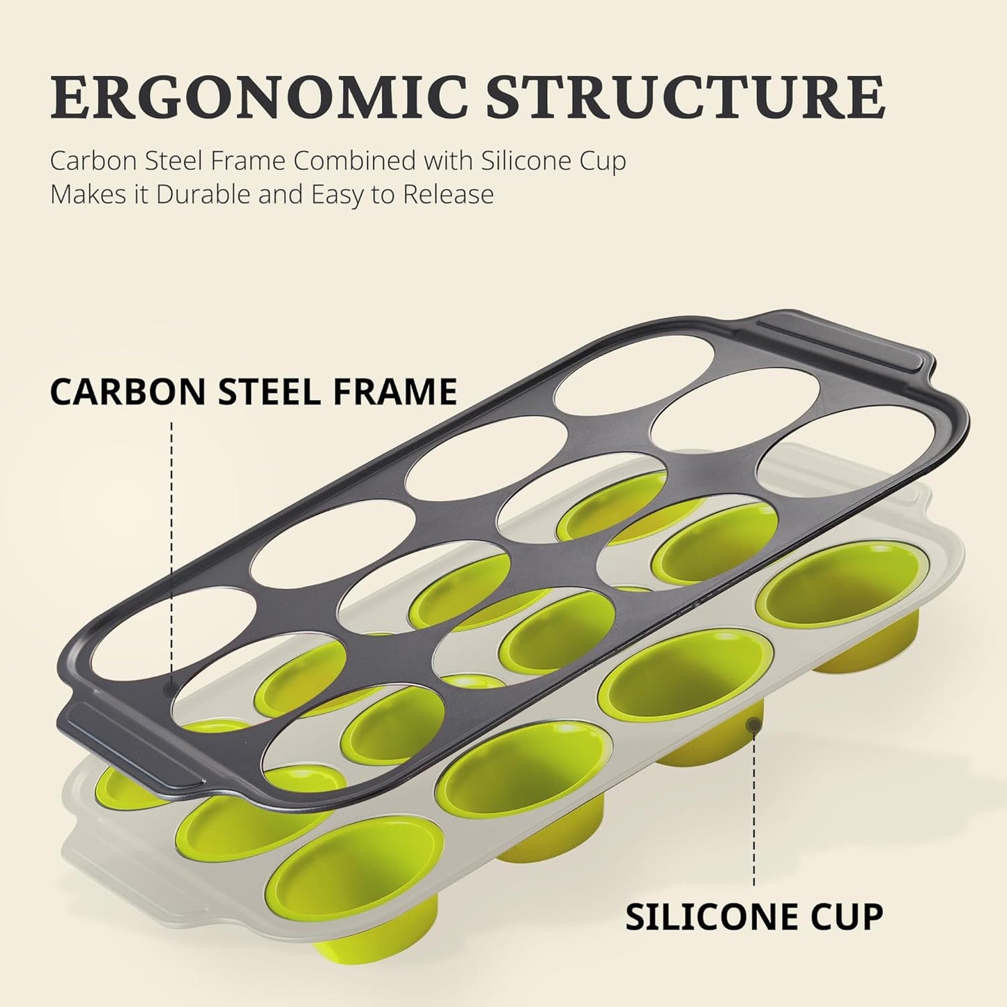 BRONYPRO Silicone Muffin Pans for Baking with Metal Frame, Egg Bite Maker Silicone Molds, Cupcake Pans 12 Regular Size, Muffin Tins Easy to Pop Nonstick Non Toxic Bakeware for Oven, Lime Green