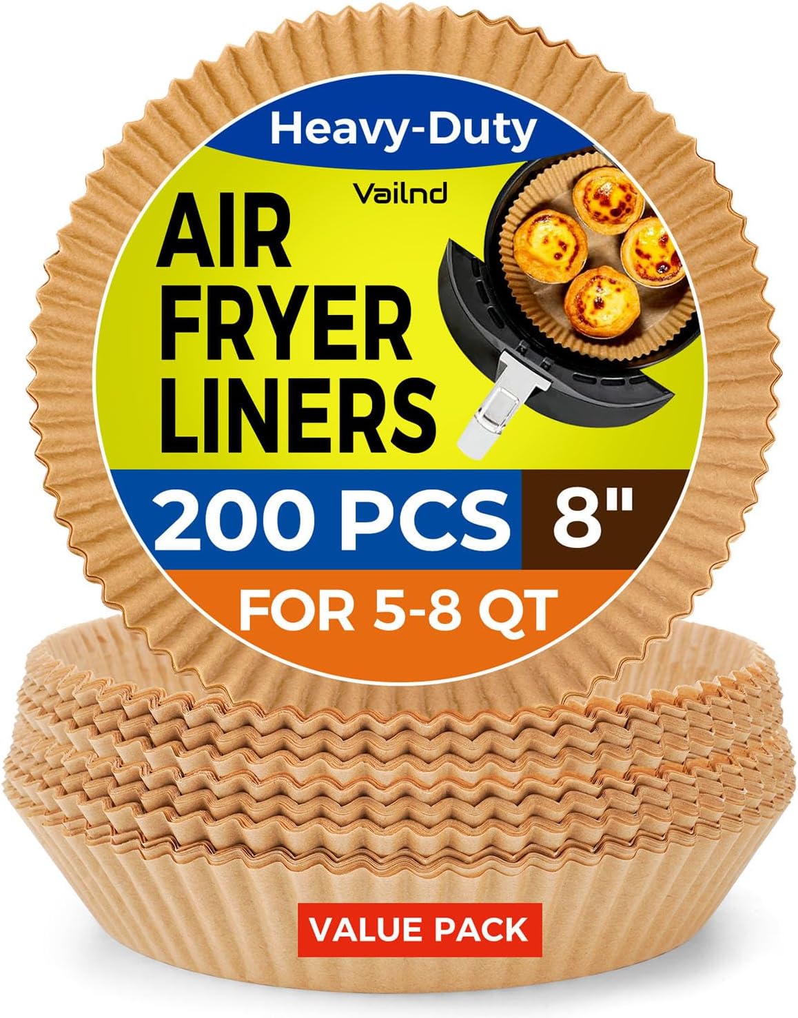 Air Fryer Liners for Ninja, 200 Pcs 8" Round Airfryer Paper Liners Disposable for Oven, Pans & Baking, Non-Stick and Oil Proof Parchment Paper for 5-8 qt Air Fryer Basket by Vailnd
