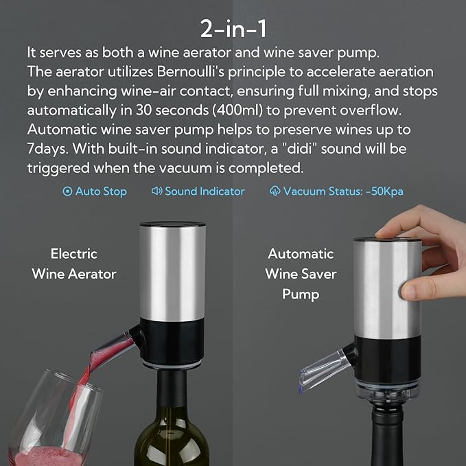 KITCHENDAO Rechargeable Electric Wine Aerator Dispenser and Luxury 3 in 1 Wine Opener with Foil Cutter