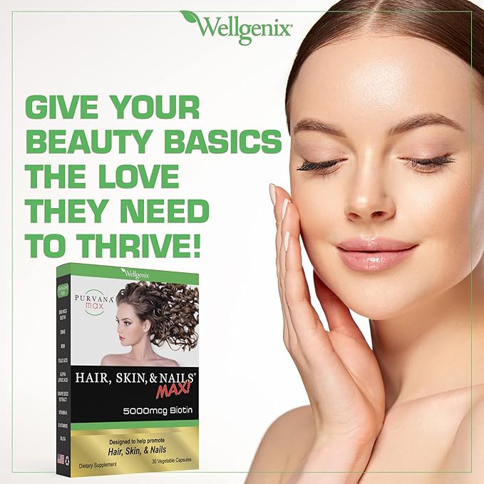 Wellgenix Purvana Max Hair, Skin, and Nails Vitamin - Double Strength Biotin 5000 MCG, VIT A & B, Folic Acid, Grape Seed Extract - Hair Support Supplement -30 Capsules (Pack of 1)