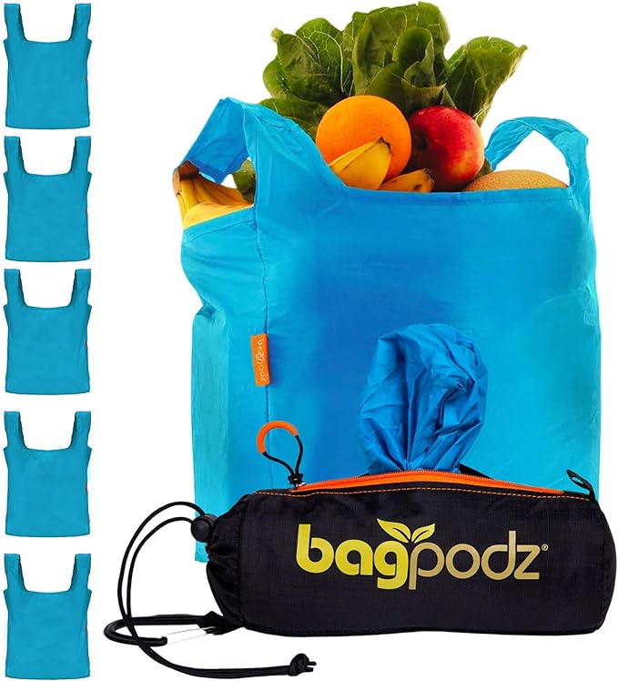 Sturdy Reusable Grocery Bags Foldable and Washable - Made From RipStop Nylon Hold 50lbs - Designed in USA Reusable Shopping Bags Inside a Compact Pod with Carry Clip - 5 Pack in Blue
