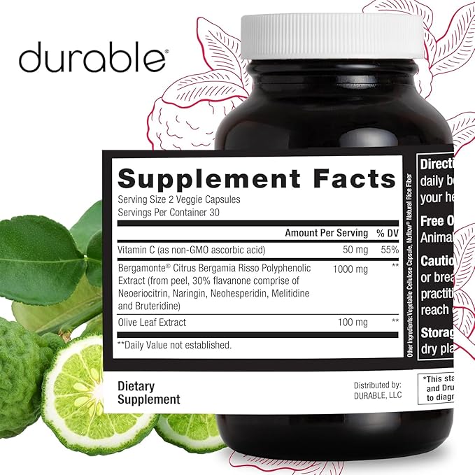 Durable Heart - Extra-Strength 1000 mg Bergamonte Citrus Bergamot + Olive Leaf Extract +Non-GMO Vitamin C – Natural Heart Health Supplement for Healthy Cholesterol Support – Made in the USA (3 Bottle)