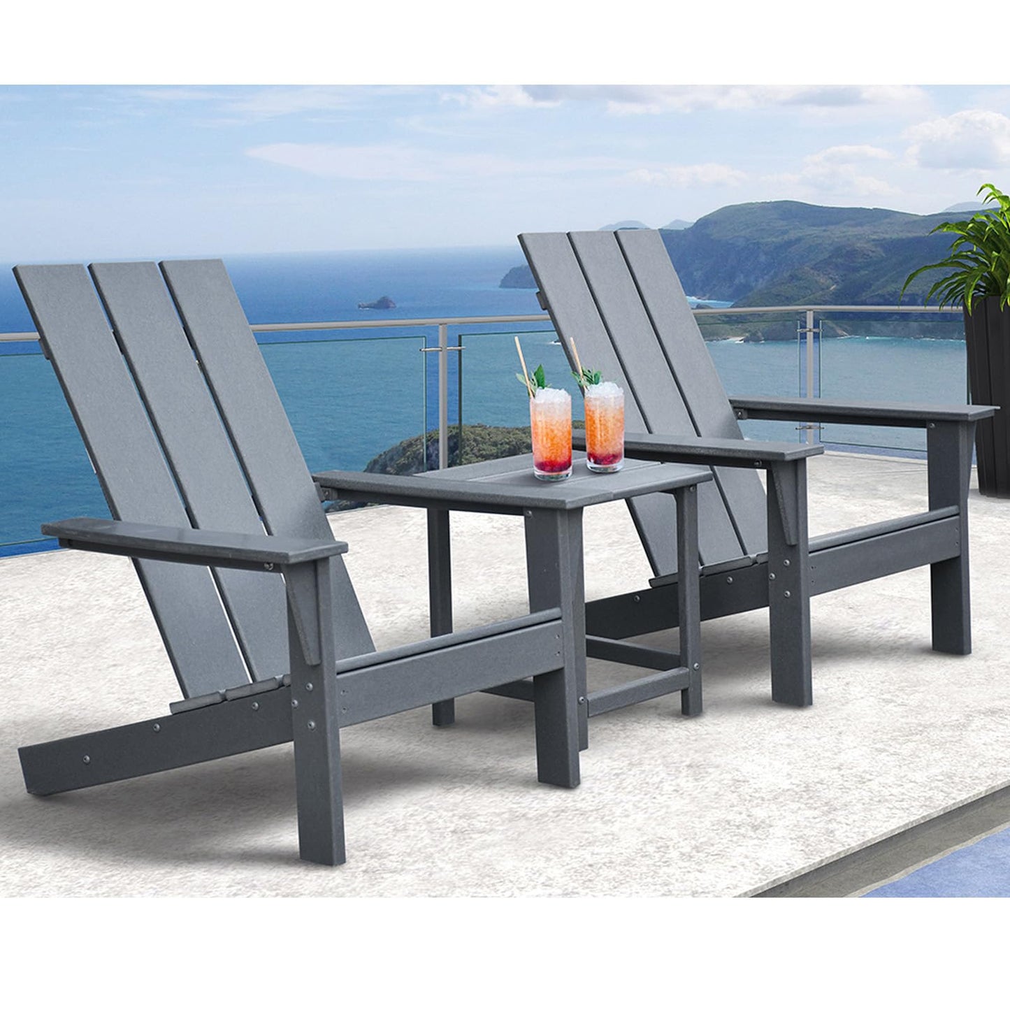 Skypatio Adirondack Chair Set of 2 with Side Table, All-Weather Patio Fire Pit Chairs High-Density Polyethylene Adirondack Chairs for Porch, Balcony, Deck, Lawn, Backyard, Grey
