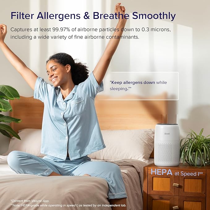 LEVOIT Air Purifiers for Bedroom Home, 3-in-1 Filter Cleaner with Fragrance Sponge for Better Sleep, Filters Smoke, Allergies, Pet Dander, Odor, Dust, Office, Desktop, Portable, Core Mini-P, White