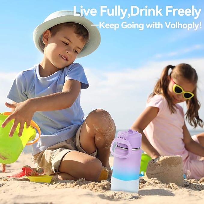 Volhoply 14oz KIds Water Bottle with Straw Lid and Silicone Boot Bulk 2 Pack,Stainless Steel Insulated Bottles for Boys & Girls Multipack, Double Wall Vacuum Leakproof Bottles(Purple Blue,2)