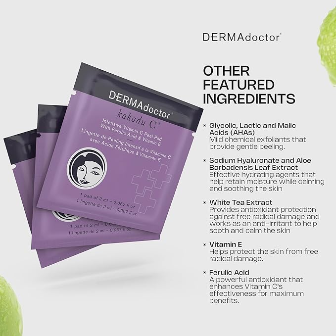 DERMAdoctor Exfoliating Toner Pads - Illuminating Chemical Peel for Face - Vitamin C Glycolic, Lactic Acid - AHA & BHA Liquid Exfoliant Pore Pads for Wrinkles Uneven Skin Tone Enlarged Pores -30 Pack