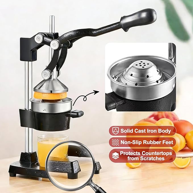 Cast Iron Juicer Hand Press - 13.8LB Heavy Duty Manual Citrus Orange Squeezer, 304 Stainless Steel Cup & Strainer, Professional Lemon Grapefruit Pomegranate Press for Home Bar Kitchen, Black