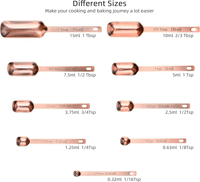 Copper Measuring Cups and Spoons Set 17, 7 Stainless Steel Measuring Cups&9 Long Hanlde Narrow Measuring Spoons for Spice Jar&Leveler, Kitchen Metric&US Measure Cup Spoons for Dry and Liquid