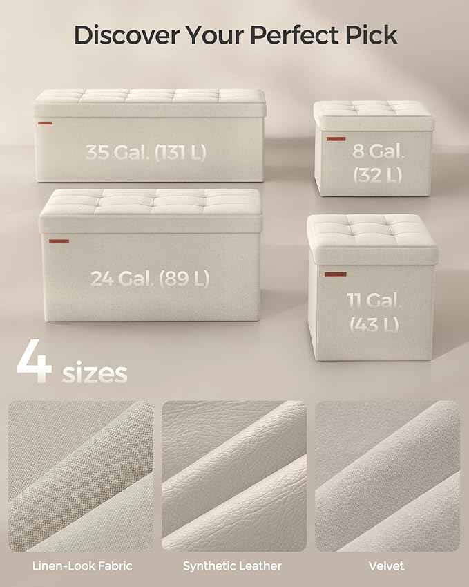SONGMICS MAZIE Collection - 43 Inches Folding Storage Ottoman Bench, Ottoman Foot Rest, End of Bed Bench, Storage Chest, Load 660 lb, for Living Room, Bedroom, Entryway, Cream White ULSF77BE