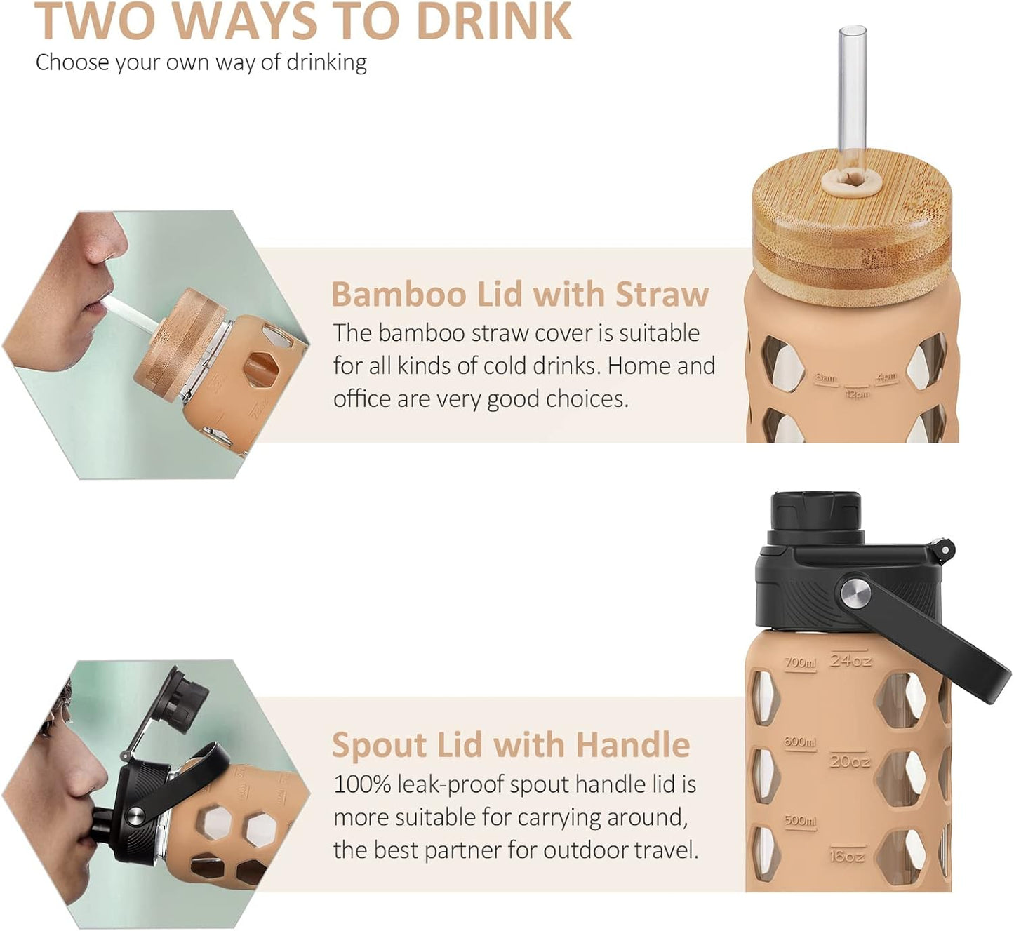 MUKOKO 24oz Glass Water Bottle with 2 Lids-Handle Flip Lid&Bamboo Straw Lid,Motivational Water Tumbler with Time Marker Reminder and Silicone Sleeve, Leakproof-Amber