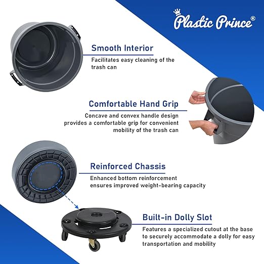 PLASTIC PRINCE 32 Gallon Round Trash Can Container Gray Plastic Commercial Garbage Bin for Home Garage Restaurants Warehouses