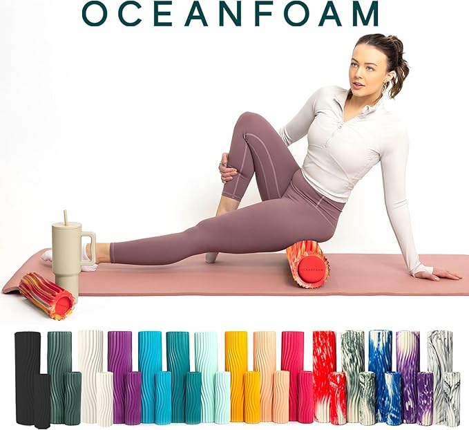 Oceanfoam Ripple Travel Foam Roller (11" x 3.35") Firm Mini Foam Roller for Physical Therapy, Deep Tissue Massage, Back Pain - High Density, Wave Textured, Yoga, Exercise (Red, Gold & Natural Marbled)