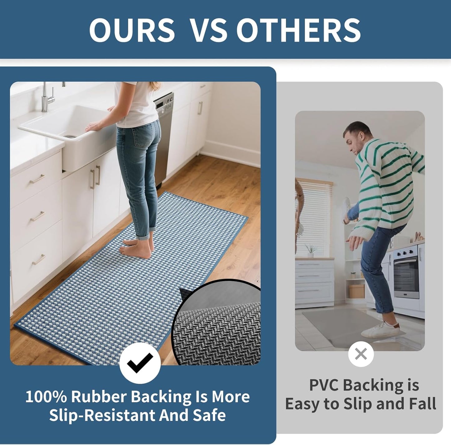 Long Kitchen Runner Rugs Kitchen Mat Non Slip Washable, Super Absorbent Soft Chenille Braided Kitchen Mats for Floor, Rubber Backing Kitchen Floor Sink Standing Mat, Easy Clean, Blue 17"x71"