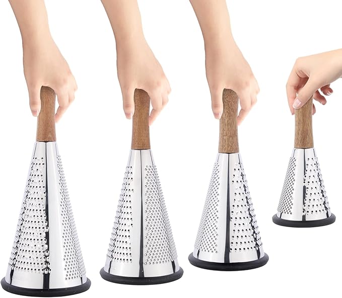 Cone Cheese Grater with Handle Stainless Steel Grater Triple Function Wood Handle Shredder Non-Slip Rubber Bottom Hand Held Multifunction Vegetables Grater Black 4-Size (Size M: 9.4" X 4.3" Black)
