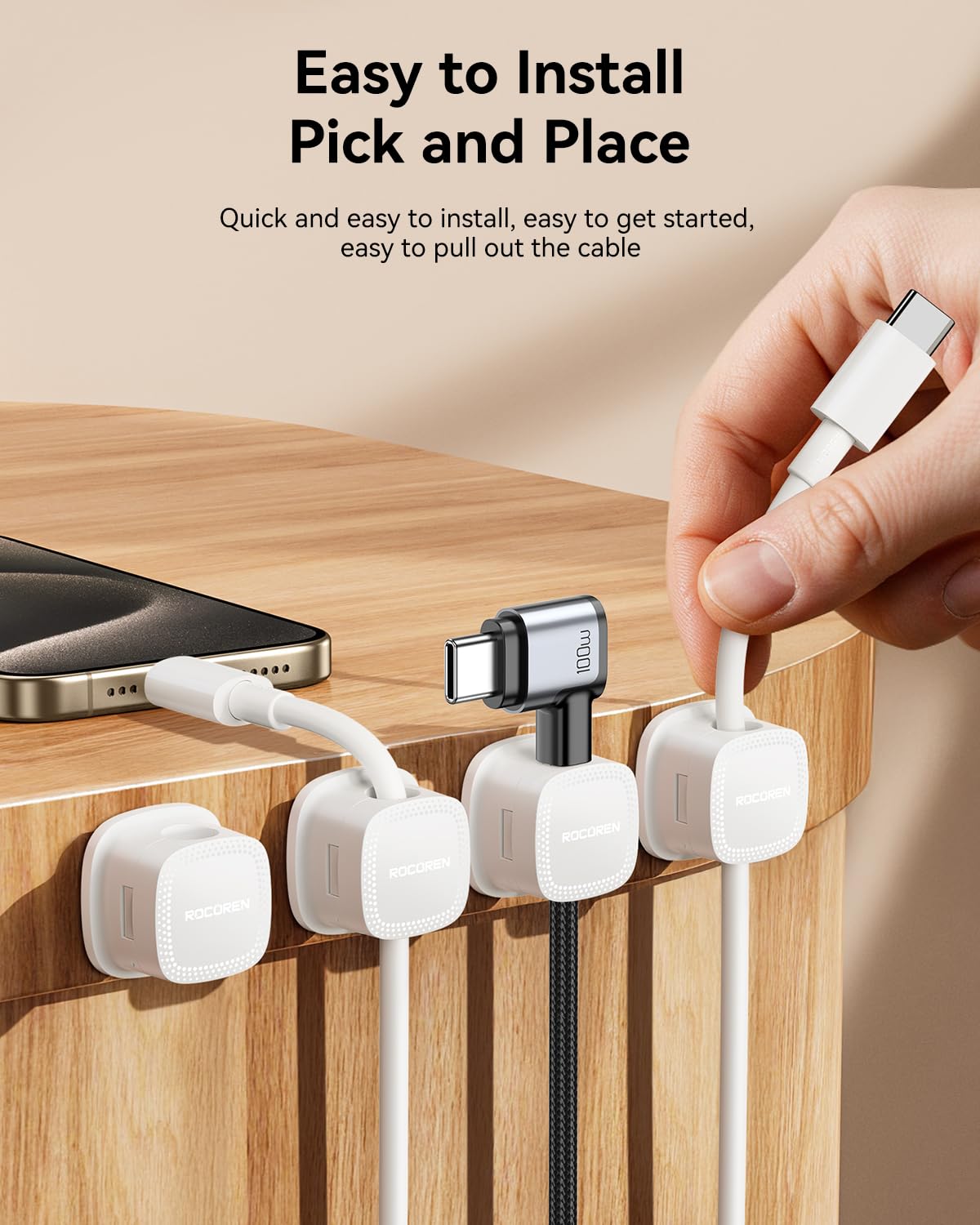 6-Pack Magnetic Cable Clips Cord Organizer-Cable Smooth Adjustable, Rocoren Desk Cable Management Accessories,Cable Holder Clips Wire Holder Keeper for Desktop,Nightstand,Home Office,Workspace,Phone
