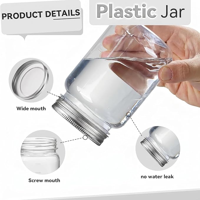 novelinks 16 oz Clear Plastic Jars with Lids, Refillable 16oz Mason Jars with Lids & Storage Containers for Kitchen & Household Use (5 Pack,Silver)