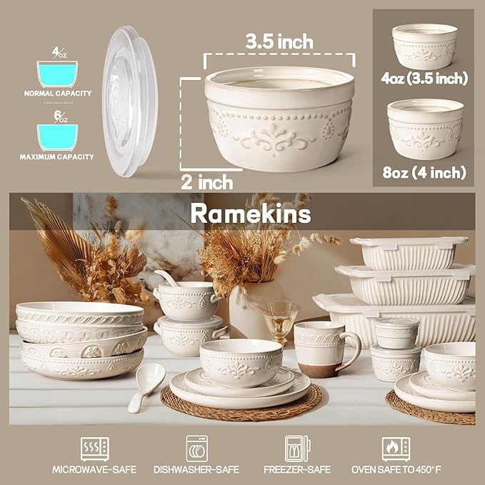 Artena Ramekins with Lids, Creme Brulee Ramekins Oven Safe, Ceramic Pudding Cups, Souffle Cups, Custard Cups, Dipping Sauce Cups, Food Storage Containers with Lids, Set of 4 (Damask Floral, 4 oz)