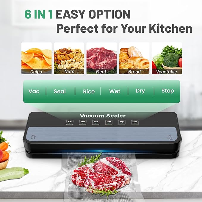 MAXDONE Vacuum Sealer Machine Food Vacuum Sealer for Food Storage Food Sealer Machine 6-in-1 for Dry/Moist Modes, Compact Design with 10 Vacuum Sealer Bags