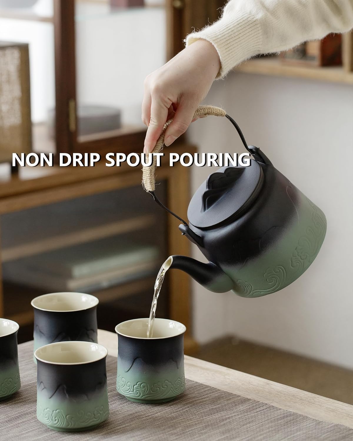 ZENS Vintage Japanese Tea Set with 4 Tea Cups, 33.8 oz Embossed Ceramic Loose Leaf Teapot with Built-in Strainers for Tea Steeper, Hemp Rope Handle Gradient Japanese Tea Pot for Tea Lovers Gifts