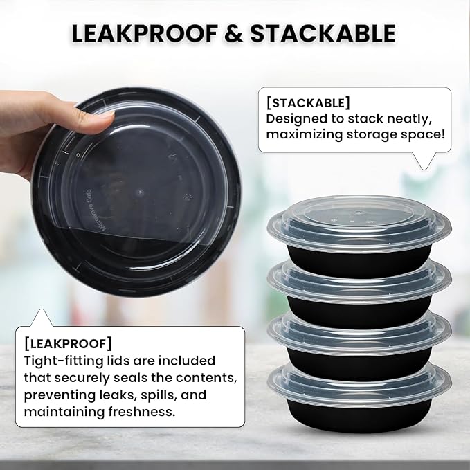 Klex 48 Oz, 150 Sets Meal Prep Containers with Airtight Lids, BPA Free, Reusable Plastic Food Container, 48 oz, Round, Black/Clear, 150 Sets