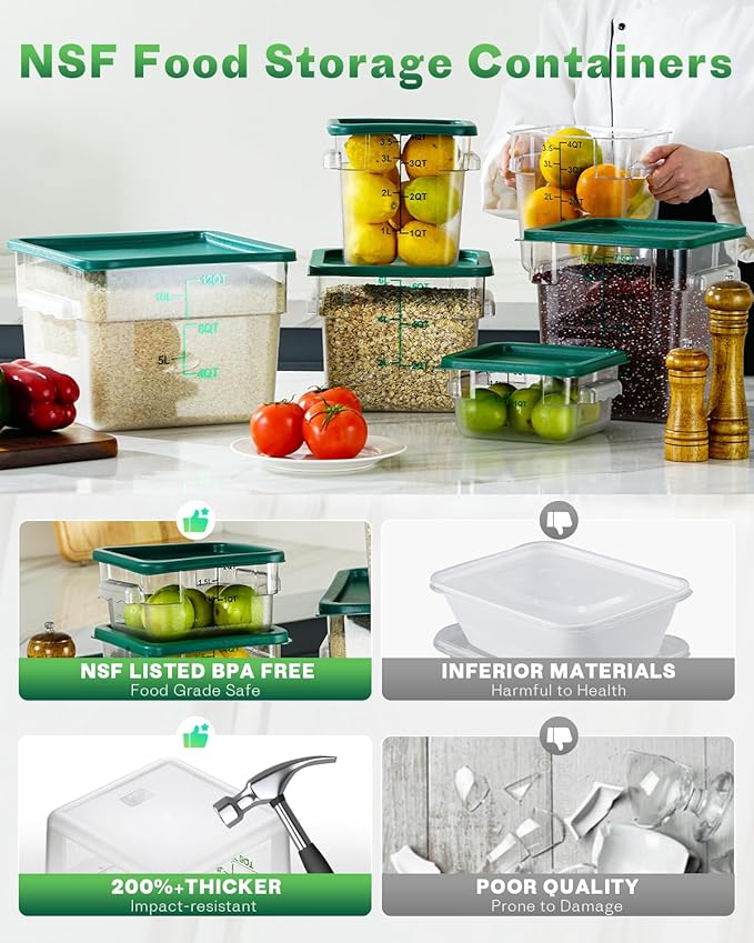 6QT Clear Food Storage Containers: 4 PCS[Food Grade][Hot&Cold Resistant] NSF Food Storage Containers with Lids for Home Restaurant Kitchen Storage Pizza Proof Dough, Green N