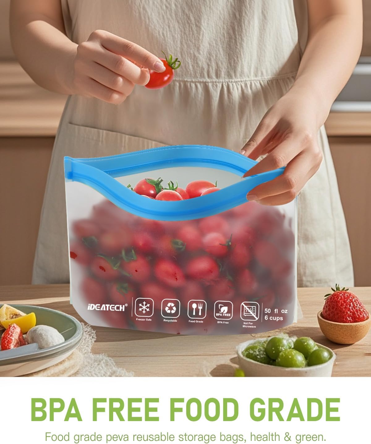 IDEATECH Quart Freezer Bags, BPA Free PEVA Reusable Sandwich Snack Bags, Quart Size Food Baggies Containers for Travel, Lunch, Healthy Food (Grey, 10Pack-10Quart)