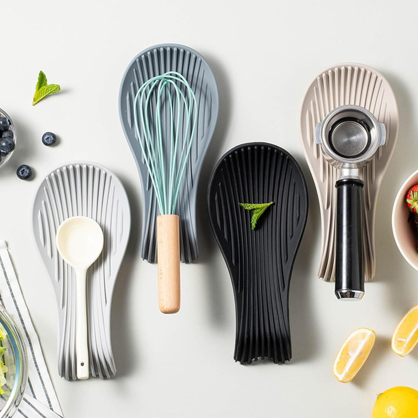 Stove Top Spoon Rest - Heat Resistant & Non-Slip Silicone Holder for Kitchen Counter, Large Cooking Utensil Res (Black)