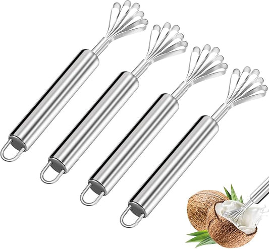 4 Pcs Coconut Meat Removal Scraper Tools, Stainless Steel Coco Nut Kinfe, Copra Cocoanut Pulp Shredder, Fish Skin Scaler for Kitchen, Grater, Peeler and Slicer, Coconut Grater, Silver