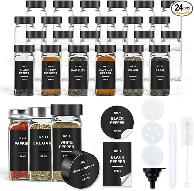 Spice Jars with Label, 24pcs 4oz Glass Spice Jars with Black Lids, Square Spice Containers with 304 Labels and Shaker Inserts, Empty Seasoning Bottles for Drawer, Cabinet, Seasoning Organizer