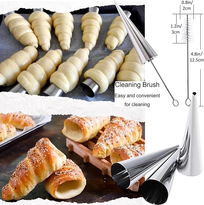 large Cream Horn Molds 5-inch, 16 PCS Cream Horns Pastry Molds with Cleaning Brush Croissant Baking Forms for Baking Croissants Bead, Chocolate Croissant, Brioche Rolls, Party Dessert