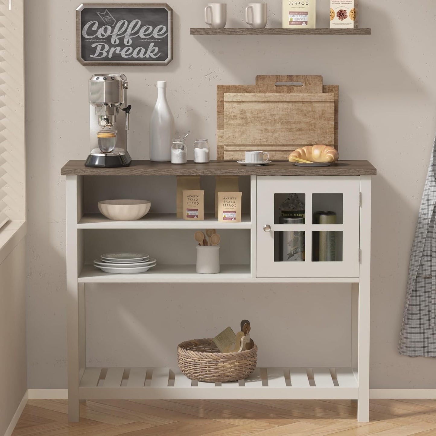 ChooChoo Farmhouse Coffee Bar Cabinet, Buffet Cabinet with Storage, Sideboard Buffet with Glass Door, Console Table for Kitchen, Hallway, Entrance, White