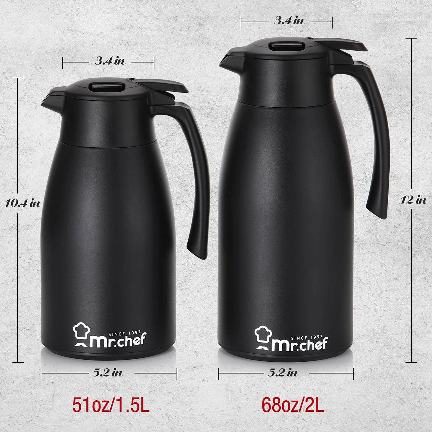 SINCE 1997 MR.CHEF 51Oz Thermal Coffee Carafe, Insulated Stainless Steel Coffee Carafes for Keeping Hot/Double Walled Vacuum Coffee Carafe (Black, 1.5L)