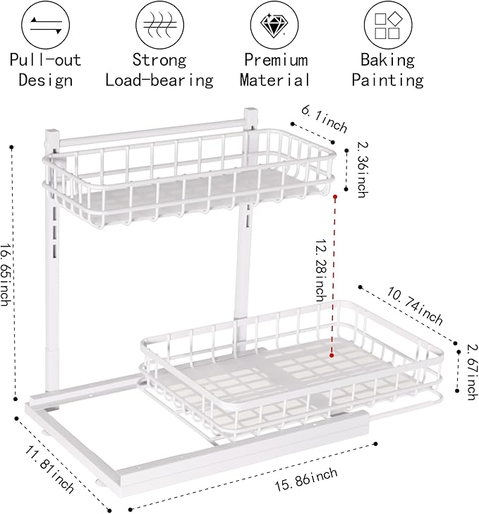 Under Sink Organizer, Adjustable Height Pull-Out Kitchen Storage Organization,15.8" x 11.8" x 16.5", 2-Tier Kitchen Shelf, Bathroom Drawer Organizer, 2 Pack|White