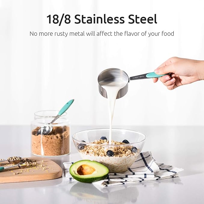 U-Taste 18/8 Stainless Steel Measuring Cups and Spoons Set of 10, and 18/8 Stainless Steel Square Measuring Spoons Set of 8 (Aqua Sky+Silver)