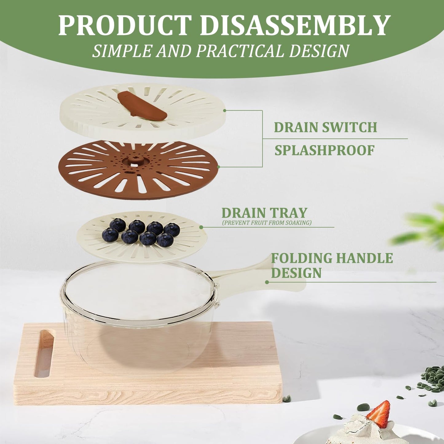 2 Pcs MultiPurpose Fruit Strainer Drain Basket with Lid & Collapsible Handle,2 in 1 Draining and Preservation Basket, Fruit Cleaner Bowl for Fridge Freshness and Outdoor Picnics(Brown)
